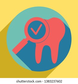 Tooth icon with arrow sign. Sunset orange icon with llapis lazuli shadow inside medium aquamarine circle with different goldenrod shadow at royal yellow background.