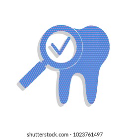 Tooth icon with arrow sign. Vector. Neon blue icon with cyclamen polka dots pattern with light gray shadow on white background. Isolated.