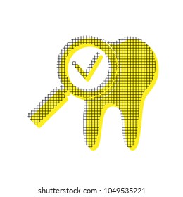 Tooth icon with arrow sign. Vector. Yellow icon with square pattern duplicate at white background. Isolated.