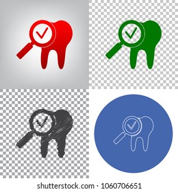 Tooth icon with arrow sign. Vector. 4 styles. Red gradient in radial lighted background, green flat and gray scribble icons on transparent and linear one in blue circle.