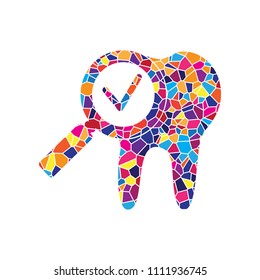 Tooth icon with arrow sign. Vector. Stained glass icon on white background. Colorful polygons. Isolated.