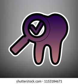 Tooth icon with arrow sign. Vector. Violet gradient icon with black and white linear edges at gray background.