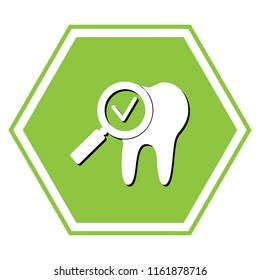 Tooth icon with arrow sign. Vector. White icon with black shadow at yellow green honeycomb on white background.