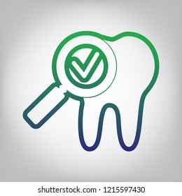 Tooth icon with arrow sign. Vector. Green to blue gradient contour icon at grayish background with light in center.