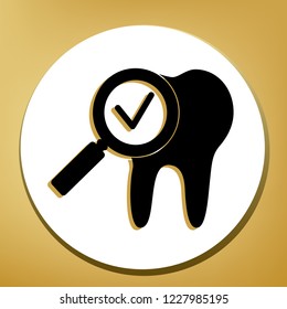 Tooth icon with arrow sign. Vector. Black icon with light brown shadow in white circle with shaped ring at golden background.