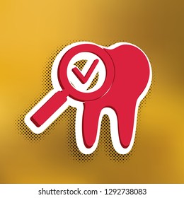 Tooth icon with arrow sign. Vector. Magenta icon with darker shadow, white sticker and black popart shadow on golden background.