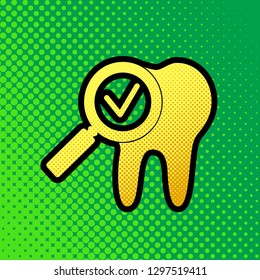 Tooth icon with arrow sign. Vector. Pop art orange to yellow dots-gradient icon with black contour at greenish background.