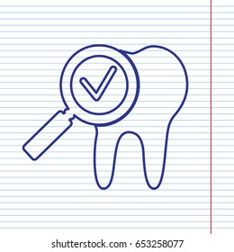 Tooth icon with arrow sign. Vector. Navy line icon on notebook paper as background with red line for field.