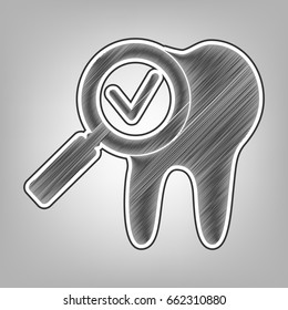 Tooth icon with arrow sign. Vector. Pencil sketch imitation. Dark gray scribble icon with dark gray outer contour at gray background.