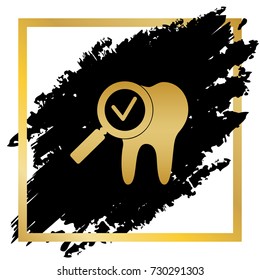 Tooth icon with arrow sign. Vector. Golden icon at black spot inside golden frame on white background.