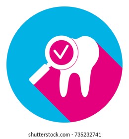 Tooth icon with arrow sign. Vector. Flat white icon with mexican pink shadow inside sky blue(S and G) circle at white background. Isolated. Trend colors in 2017.