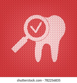 Tooth icon with arrow sign. Vector. Knitted white icon on a red knitted background.