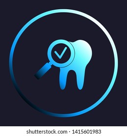 Tooth icon with arrow sign. White, cyan and blue gradient icon as round button in white shell at dark blue background. Illustration.