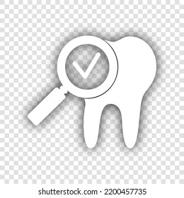 Tooth icon with arrow sign. White Icon with dropped natural gray Shadow at transparent Background. Illustration.
