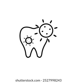 Ícone De Dente Com Símbolo De Germe De Bactérias. Cuidados dentários profissionais. Odontologia. Ilustração de linha fina personalizável. traçado editável.