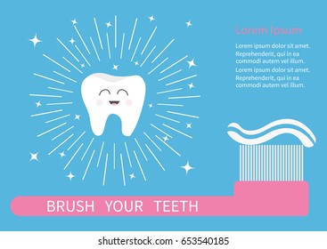 Tooth icon. Brush your teeth. Big toothbrush with toothpaste. Round line shining circle sparkle stars. Cute cartoon smiling character. Oral dental hygiene. Health care. Baby background. Flat Vector