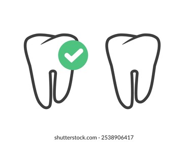 Tooth icon with check mark cured healthy vector simple graphic illustration set, line stroke thin linear dental teeth checkmark test verification silhouette, fixed repaired dentist service logo image