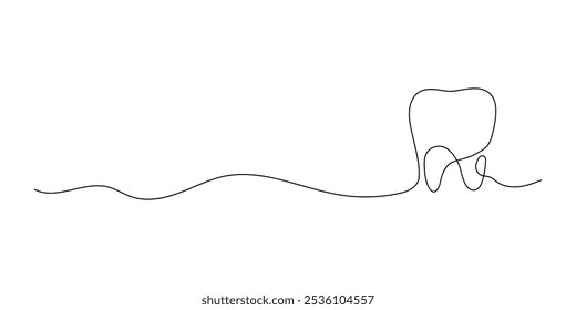 Tooth icon in continuous line drawing style on white aphid. Line art of tooth icon, dentistry doctor. Vector illustration. Abstract background