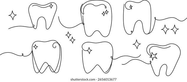 Icono de diente en ilustración de dibujo de línea continua. Blanqueamiento dental. Vector de icono de esquema.
