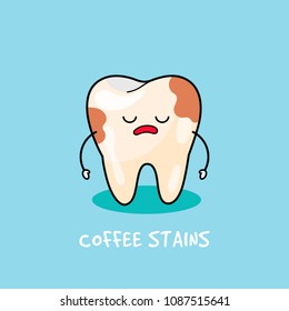 Tooth icon. Cute tooth characters. Tooth with coffee stains. Dental personage vector illustration. Illustration for children dentistry. Oral hygiene, teeth cleaning. 