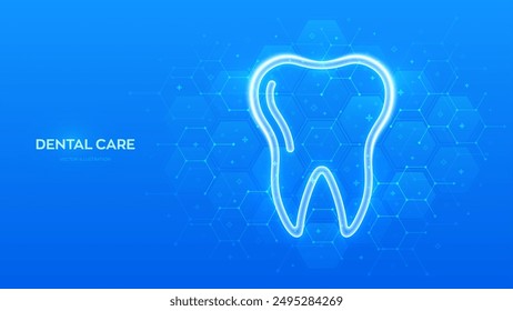 Tooth icon. Dental care, taking care of teeth. Dental servises. Dentistry, Orthodontic concept. Dental insurance. Molecular structure. Blue medical background with hexagons. Vector illustration.