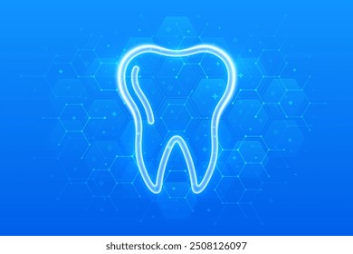 Tooth icon. Dental care, taking care of teeth. Dental servises. Dentistry, Orthodontic concept. Dental insurance. Molecular structure. Blue medical background with hexagons. Vector illustration.