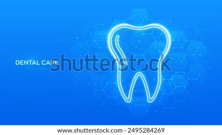 Tooth icon. Dental care, taking care of teeth. Dental servises. Dentistry, Orthodontic concept. Dental insurance. Molecular structure. Blue medical background with hexagons. Vector illustration.