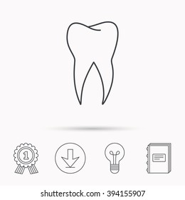 Tooth icon. Dental stomatology sign. Dentistry symbol. Download arrow, lamp, learn book and award medal icons.