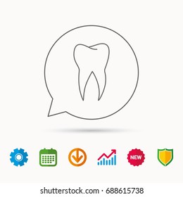 Tooth icon. Dental stomatology sign. Dentistry symbol. Calendar, Graph chart and Cogwheel signs. Download and Shield web icons. Vector