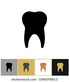 Tooth icon, dental teeth silhouette symbol on gold, black and white backgrounds vector illustration. Dentistry and healthy symbol of set