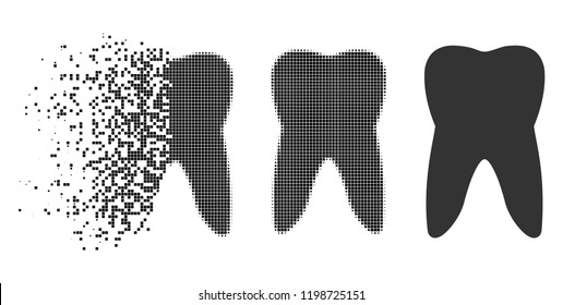 Tooth icon in disappearing, pixelated halftone and undamaged entire versions. Pieces are organized into vector disappearing tooth shape. Disappearing effect involves rectangular particles.