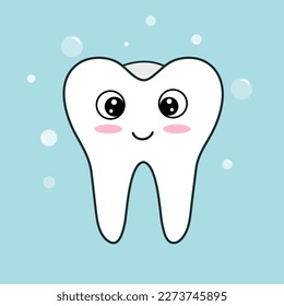 Tooth icon with eyes and a smile in a flat style on a blue background. Vector stock illustration. isolated. Care and cleanliness of teeth care of the surface of the teeth