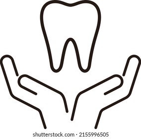 Icono dental, manos con diente, cuidado de los dientes, concepto dental.