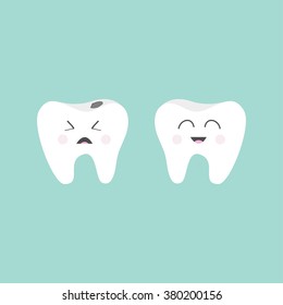 Tooth icon. Healthy smiling tooth. Crying bad ill tooth with caries. Cute character set. Oral dental hygiene.  Children teeth care. Tooth health. Baby background. Flat design. Vector illustration