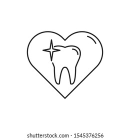 Tooth icon inside heart. Dentist flat sign/symbol. Outline thin line illustration. Isolated on white background. 