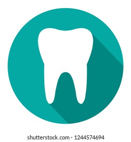 Tooth icon with long shadow. Flat design style. Tooth simple silhouette. Modern, minimalist icon in stylish colors. Web site page and mobile app design vector element.