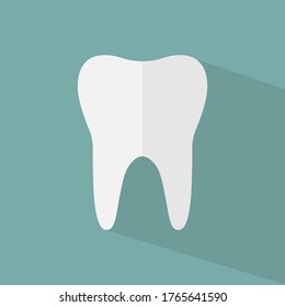 Tooth icon with long shadow. Flat design style. Tooth simple silhouette. Modern, minimalist icon in stylish colors.