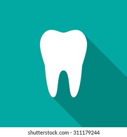 Tooth icon with long shadow. Flat design style. Tooth simple silhouette. Modern, minimalist icon in stylish colors. Web site page and mobile app design vector element.