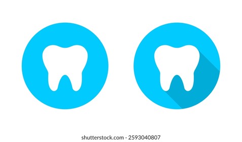 Tooth icon with long shadow. Medical molars sign symbol on blue circle