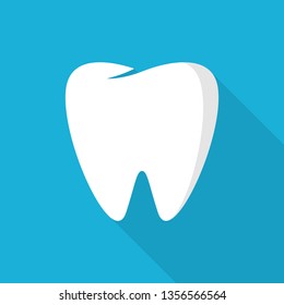 Tooth icon with long shadow on blue background, flat design style