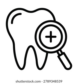Tooth icon with magnifying glass representing dental examination and oral health analysis magnifying examination
