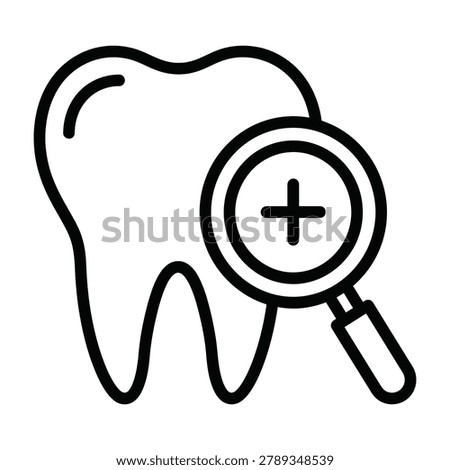 Tooth icon with magnifying glass representing dental examination and oral health analysis magnifying examination