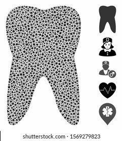 Tooth icon mosaic of rough items in different sizes and shades, based on tooth icon. Vector irregular items are combined into mosaic. Tooth icons collage with dotted pattern.