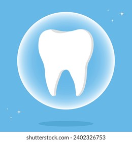 tooth icon on blue. Dentistry vector illustration. Book an appointment with a dentist. Illustration of a tooth