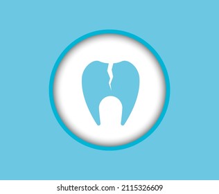 Icono dental sobre un fondo blanco agrietado a la mitad, odontología de dientes problemáticos.