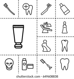 Tooth icon. set of 13 outline tooth icons such as cream tube, toothbrush, tooth, tooth brush, dental care, dental chair