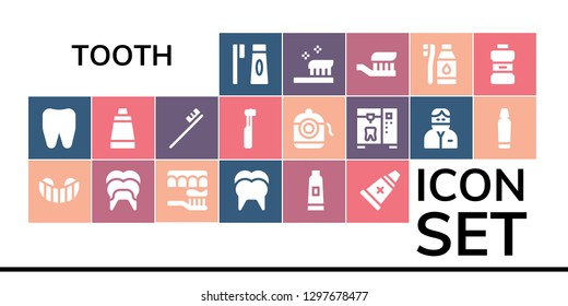  tooth icon set. 19 filled tooth icons. Simple modern icons about  - Toothbrush, Tooth, Gum shield, Dental, Toothpaste, Ointment, Electric toothbrush, Dental floss, Dentist, Brush