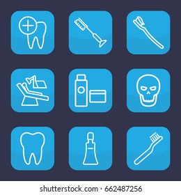 Tooth icon. set of 9 outline tooth icons such as cream tube, toothbrush, dental care, dental chair