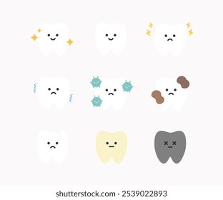 Conjunto de iconos de dientes. Dientes limpios y enfermos. Conceptos de atención médica, dental, medicina, tratamiento, higiene, cuidado bucal. Ilustración aislada plana del diseño del Vector del carácter de la historieta.