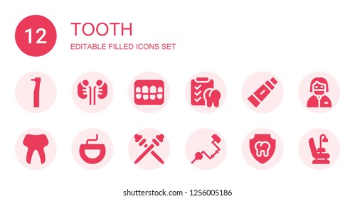 tooth icon set. Collection of 12 filled tooth icons included Dentist, Kidneys, Denture, Dental, Toothpaste, Tooth, Floss, Toothpick, Brace, Dentist chair